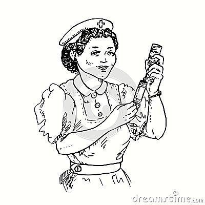 Nurse getting ready to inject, getting vaccine from bottle vial. Ink black and white drawing. Vector Illustration